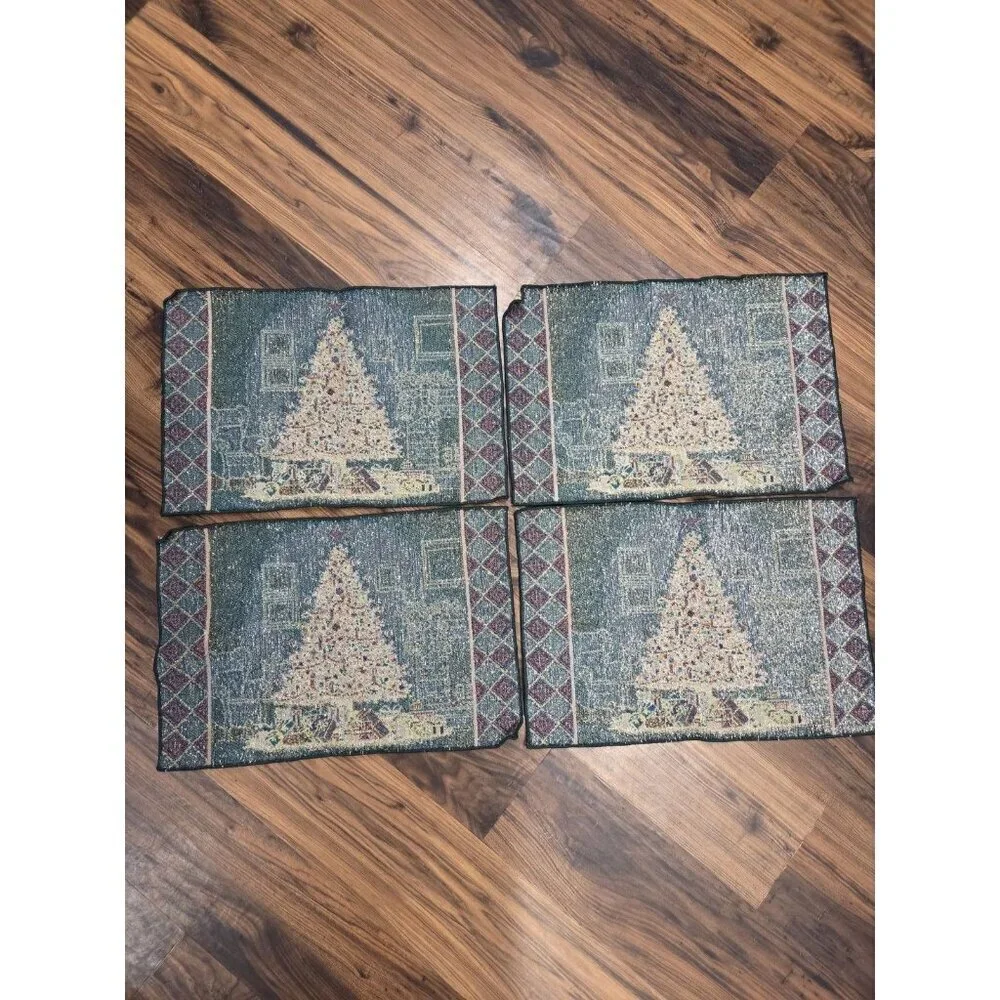 Vtg Christmas Tree Scene Woven Tapestry Placemat Presents Fireplace 11.5x18